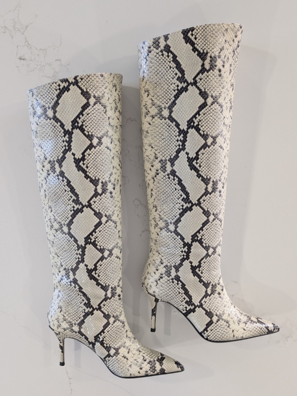 STAUD Sebastian Knee High Boots 37 7 White Snake Embossed Leather Pointed NIB - Picture 4 of 14